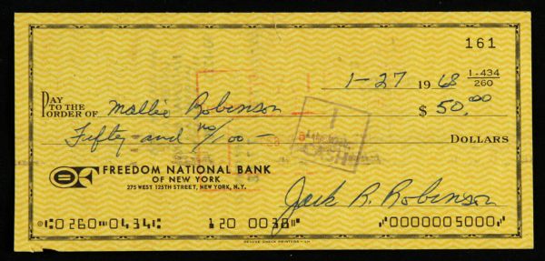 1968 (January 27) Jackie Robinson Brooklyn Dodgers Signed Check (JSA/Robinson Family LOA)