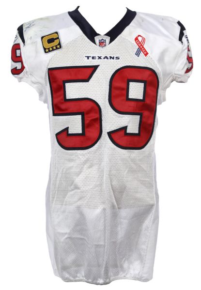 2011 (September 11) DeMeco Ryans Houston Texans Signed Game Worn Home Jersey w/ 9/11 10 Year Anniversary  Stars & Stripes Patch (MEARS LOA/JSA & PSA/DNA)