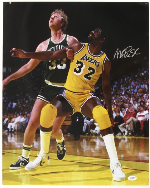 1980s Magic Johnson Los Angeles Lakers Signed 16" x 20" Photo w/ Larry Bird *JSA*