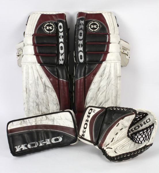 1995-2003 Patrick Roy Colorado Avalanche Game Used Goalie Equipment - Lot of 4 w/ Leg Guards, Glove and Blocker (MEARS LOA)