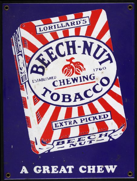 1920s circa Lorillards Extra Picked Beech Nut Chewing Tobacco "A Great Chew" 9" x 12" Tin Broadside