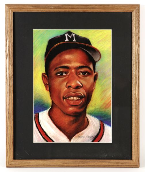 1970s Hank Aaron Milwaukee Braves Memorabilia Collection - Lot of 3 w/ Store Model Bat, Glove and 18" x 22" Framed Print