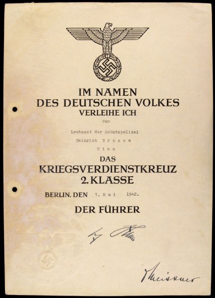 1939-1945 WW2 German KVK 2nd Class Award Document