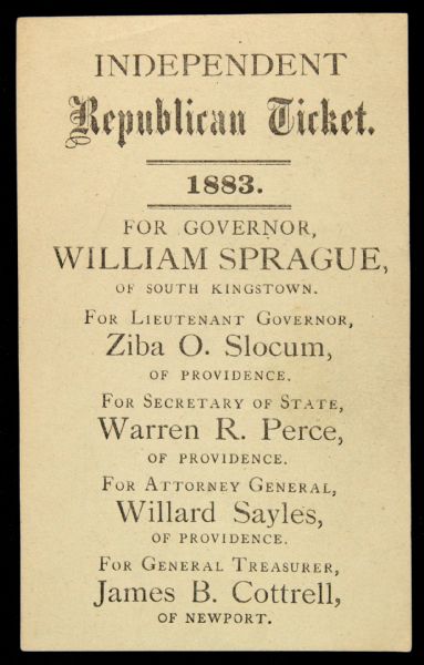 1883 Republican Ticket for Governor of Rhode Island William Sprague 