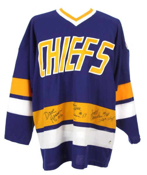 2000s Hanson Brothers Slapshot Signed Charlestown Chiefs Hockey Jersey (JSA)