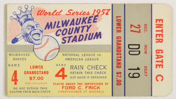 1957 Milwaukee Braves New York Yankees County Stadium World Series Game 4 Ticket Stub