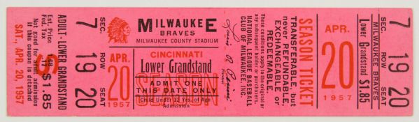 1957 (April 20) Milwaukee Braves Cincinnati Reds County Stadium Ticket