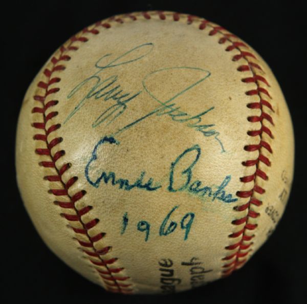 1963-69 Ernie Banks Larry Jackson Chicago Cubs Signed Big League Autograph Baseball (JSA)