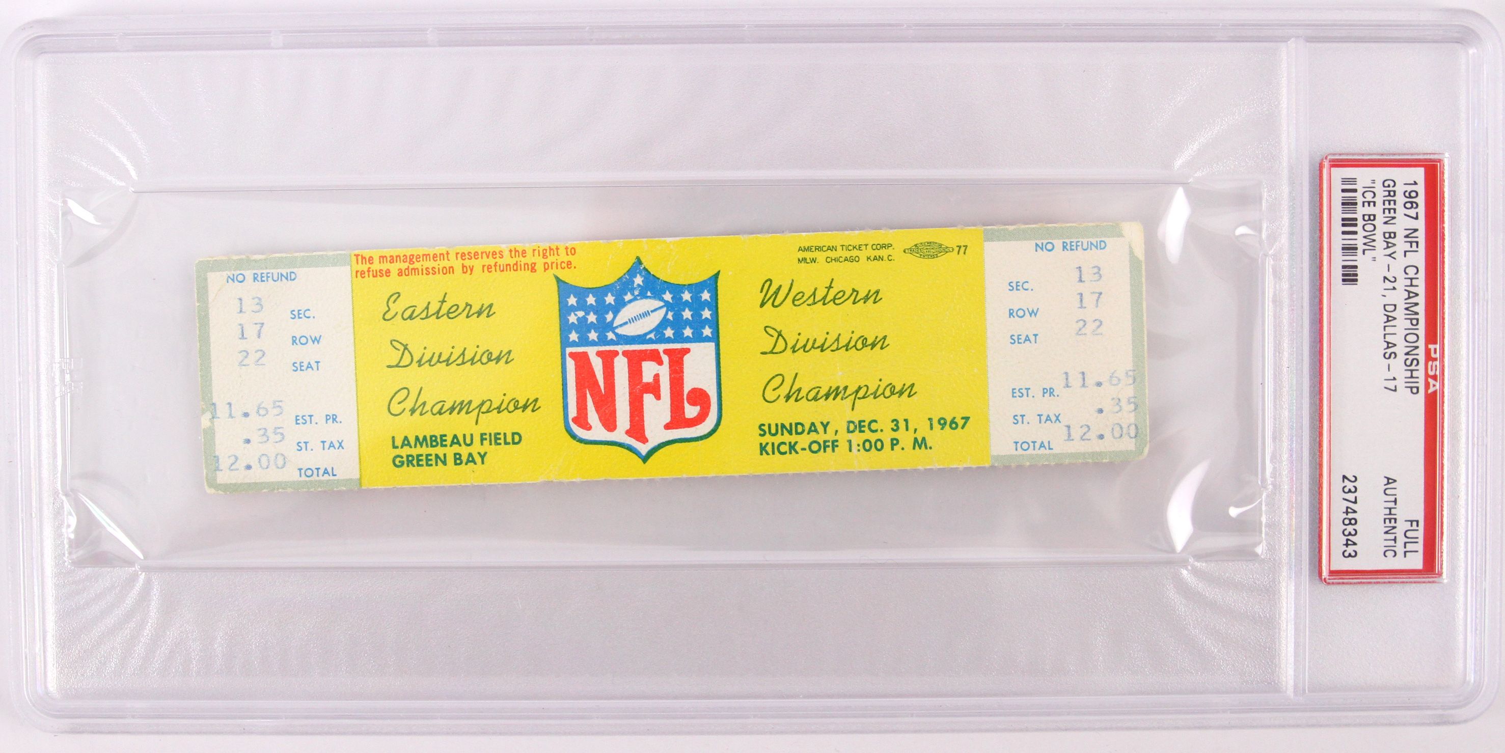 THE ICE BOWL DALLAS COWBOYS @ GREEN BAY PACKERS COMMEMORATIVE TICKET WITH  HOLDER