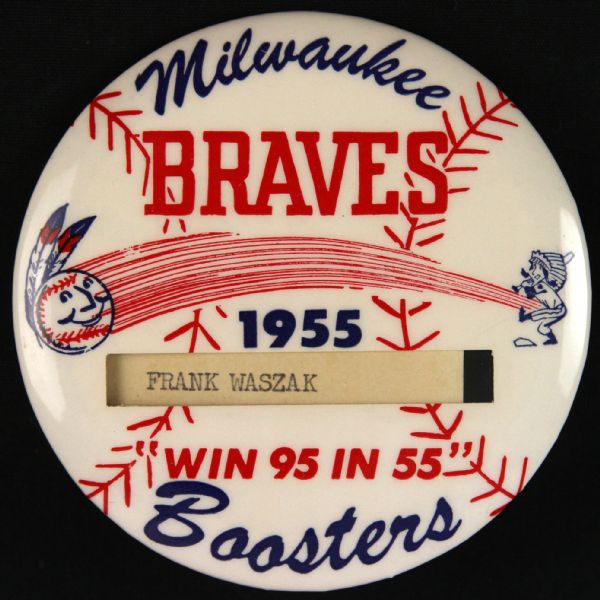 1955 Milwaukee Braves “Win 95 in ’55” Booster 3 ¾” Celluloid Pinback Button W/ Identification Window & Easel Stand (Paul Muchinsky Collection)”Only Known Example!”