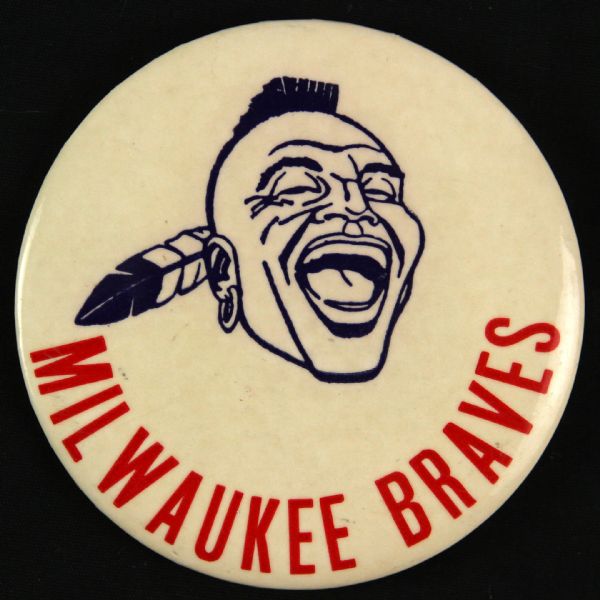 1957-65 Laughing Indian W/ Red Marquee Lettering Milwaukee Braves 3 ½” Celluloid Pinback Button (Paul Muchinsky Collection) 