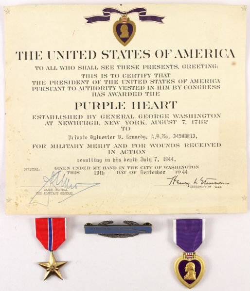 1944 Sylvester Kennedy World War II Medal Collection - Lot of 3 Including Purple Heart w/ Certificate