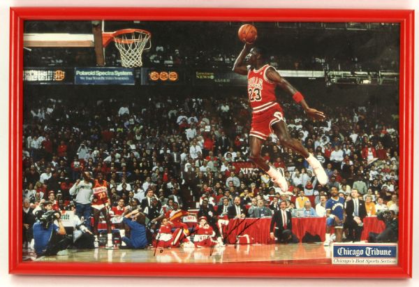 1988 Michael Jordan Chicago Bulls Signed 12" x 18" Framed Slam Dunk Contest Photo (JSA)