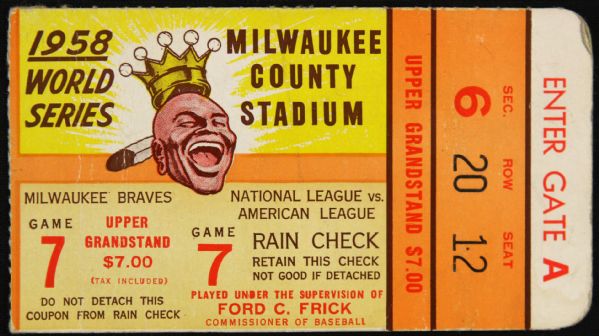 1958 Milwaukee Braves New York Yankees County Stadium World Series Game 7 Ticket Stub