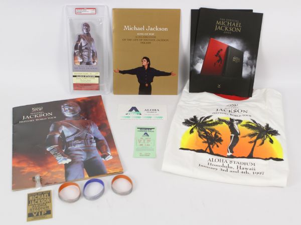 1990s-2000 Michael Jackson Memorabilia Collection - Lot of 15 w/ HIStory Tour PSA Slabbed Ticket, T Shirt, VIP Pass, Program & More