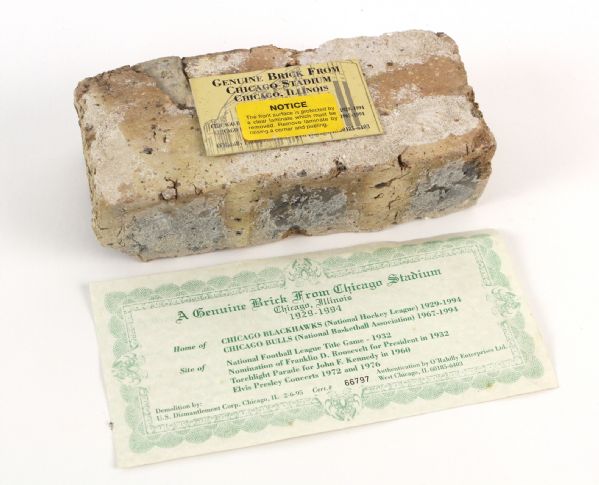 1929-94 Chicago Blackhawks Chicago Bulls Chicago Stadium Brick (US Dismantlement Corp/ORahilly COA)