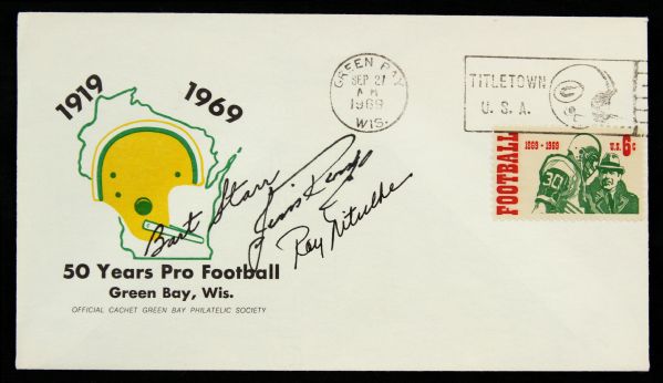 1969 Bart Starr Ray Nitschke Jim Ringo Green Bay Packers Signed 50 Years of Pro Football First Day Envelope (JSA)