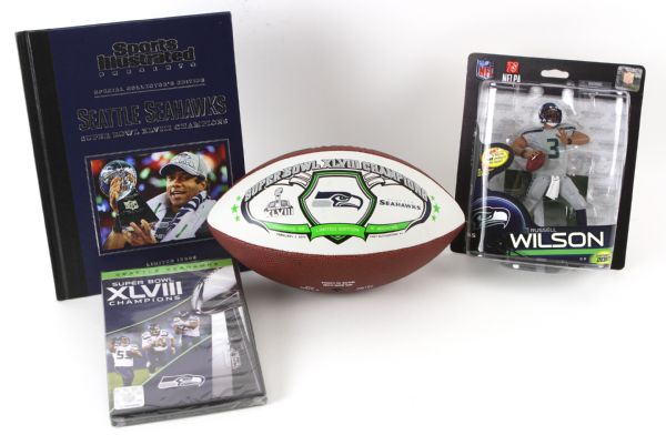 2013-14 Seattle Seahawks Memorabilia Collection - Lot of 4 w/ MOC Limited Edition Russell Wilson McFarland Figure & Super Bowl XLVIII