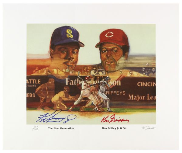 1989 Ken Griffey Jr. Ken Griffey Sr. Mariners/Reds Signed 19" x 23" The Next Generation Lithograph (JSA)