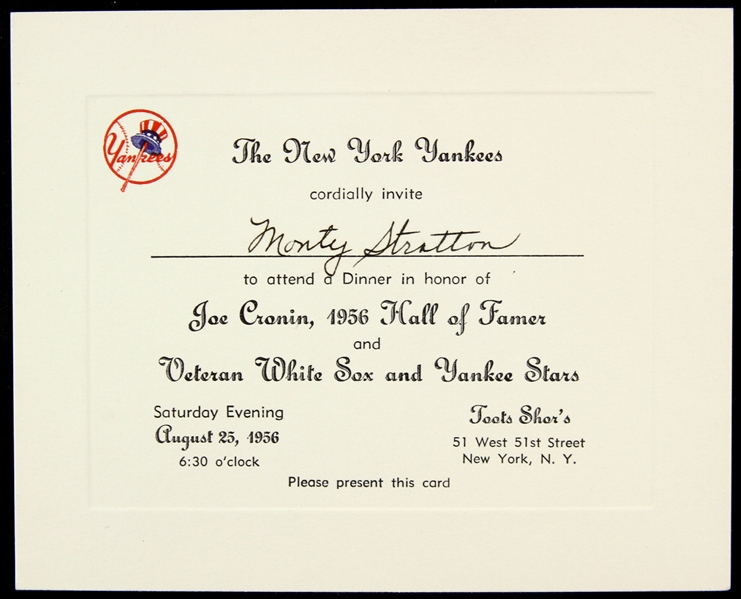 1956 Monty Stratton Chicago White Sox Joe Cronin 1956 Hall of Fame Dinner Invitation