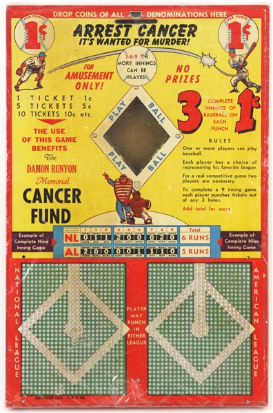 1940s Damon Runyon Memorial Cancer Fund Arrest Cancer Baseball Punch Card Game