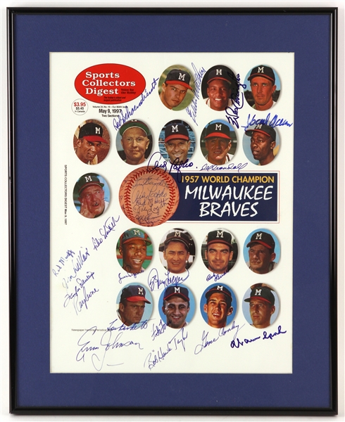 1997 Milwaukee Braves 1957 World Series Champions Multi Signed 16" x 20" Framed Display w/ 20 Signatures Including Hank Aaron, Warren Spahn, Eddie Mathews & More (JSA)