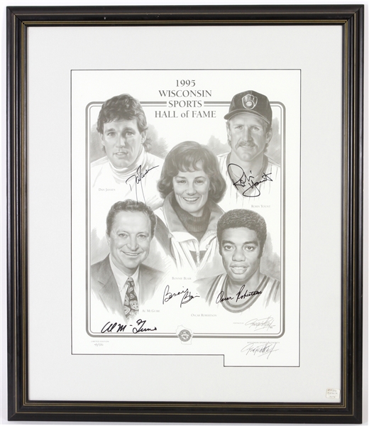1995 Robin Yount Al McGuire Oscar Robertson Dan Jansen Bonnie Blair Signed 24" x 29" Framed Wisconsin Sports Hall of Fame Lithograph (JSA) 4/50
