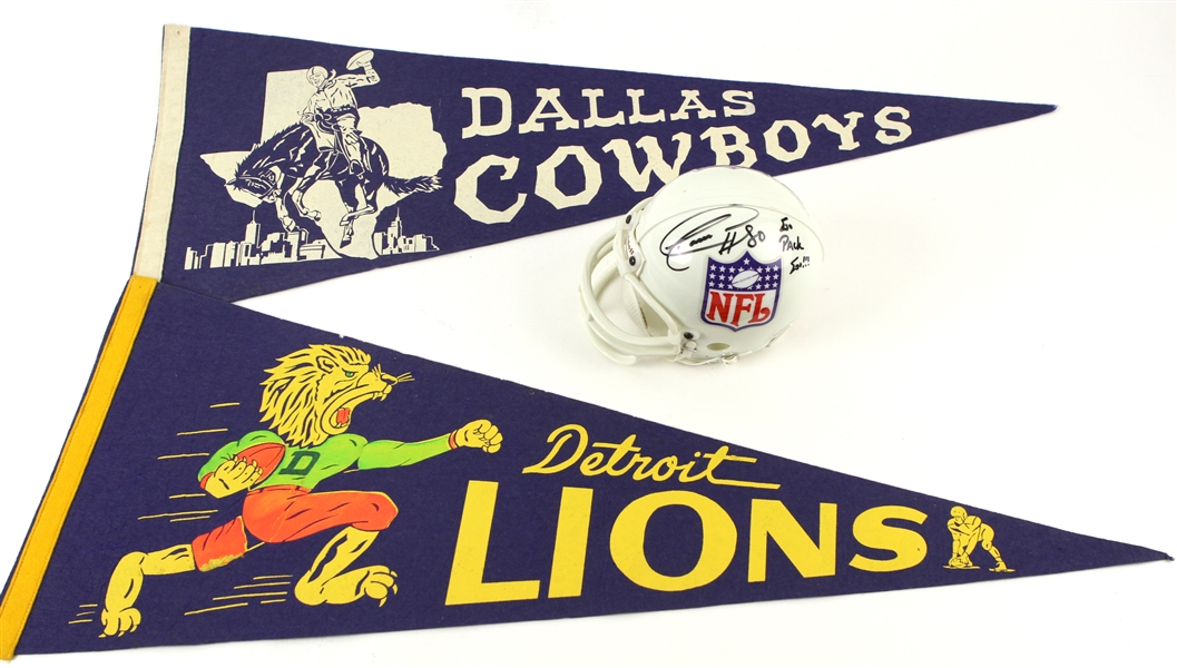 1950s-2000s Football Memorabilia Collection - Lot of 3 w/ Detroit Lions Pennant, Dallas Cowboys Pennant & Donald Driver Signed Mini Helmet (JSA)