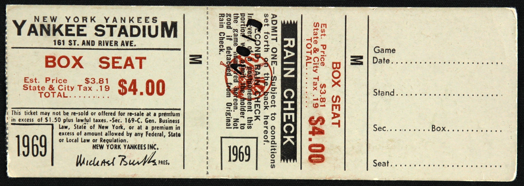 1969 New York Yankees Yankee Stadium Ticket Stub