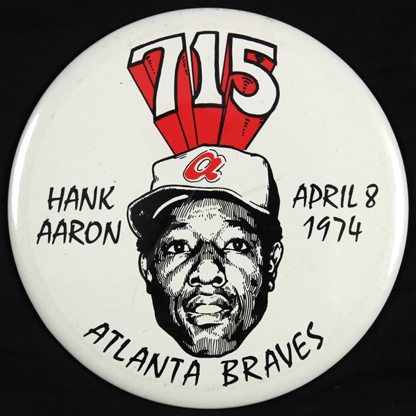 1974 Hank Aaron Atlanta Braves 715 Career Home Runs 6" Easelback Button