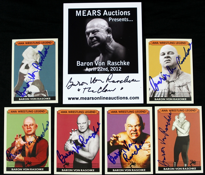 2012 Baron Von Raschke AWA Wrestling Legend Signed Trading Cards & Flyer - Lot of 7 (JSA)