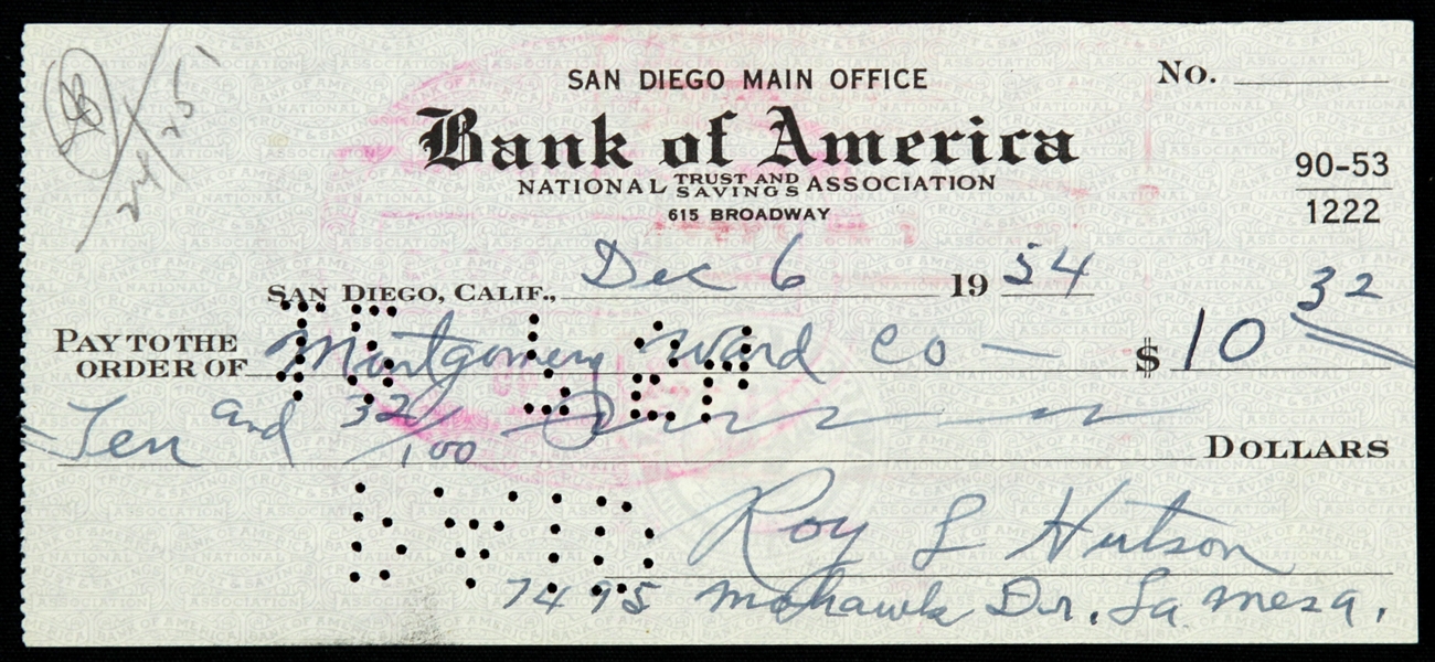 1954 Roy Hutson Brooklyn Robins Signed Personal Check (JSA)