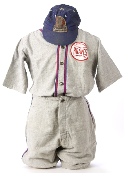 1950s Milwaukee Braves Flannel Youth Baseball Uniform w/ Jersey, Pants & Cap
