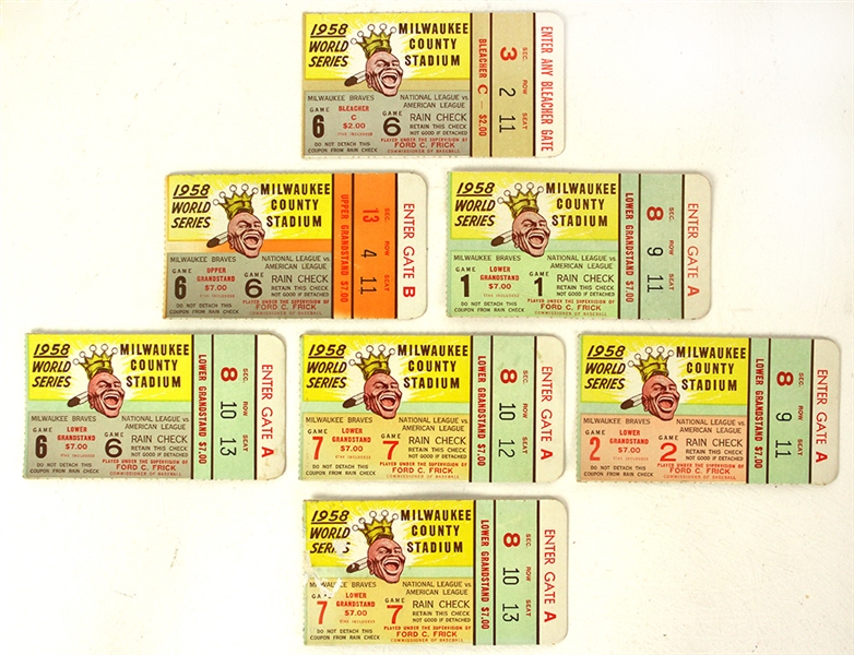 1958 Milwaukee Braves New York Yankees County Stadium World Series Ticket Stub Collection - Lot of 7