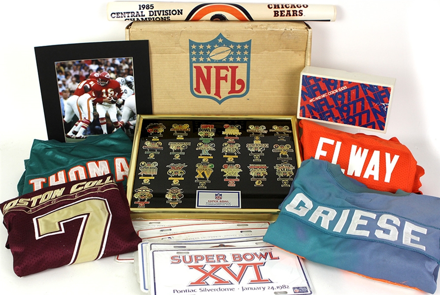 1920s-90s Football & Super Bowl Memorabilia Collection - Lot of 100+ w/ Framed Super Bowl I-XX Pin Set, 1985 HOF Class Pin Set & More