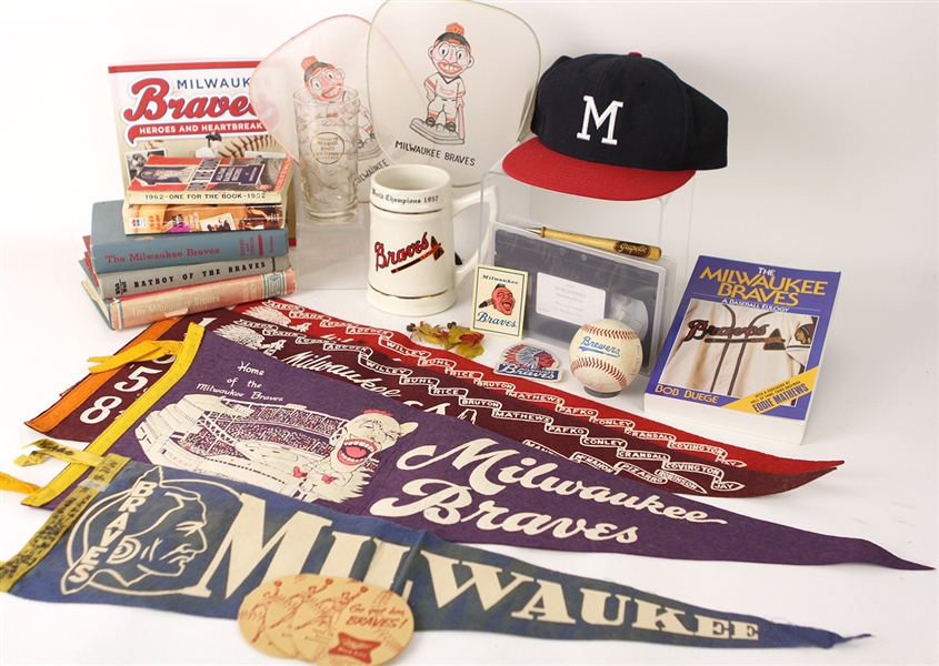 1950s-90s Milwaukee Braves Memorabilia Collection - Lot of 50 w/ Pennants, Cooperstown Collection Cap, Player Endorsed Mitts, & More