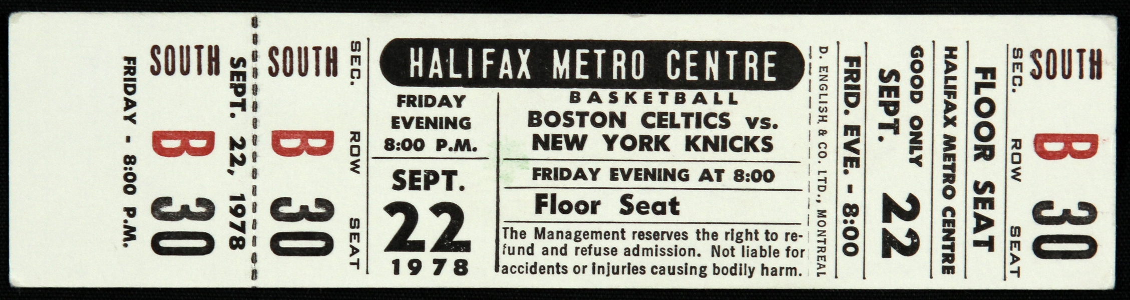 1978 (September 22) Boston Celtics New York Knicks Preseason/Exhibition Game Ticket