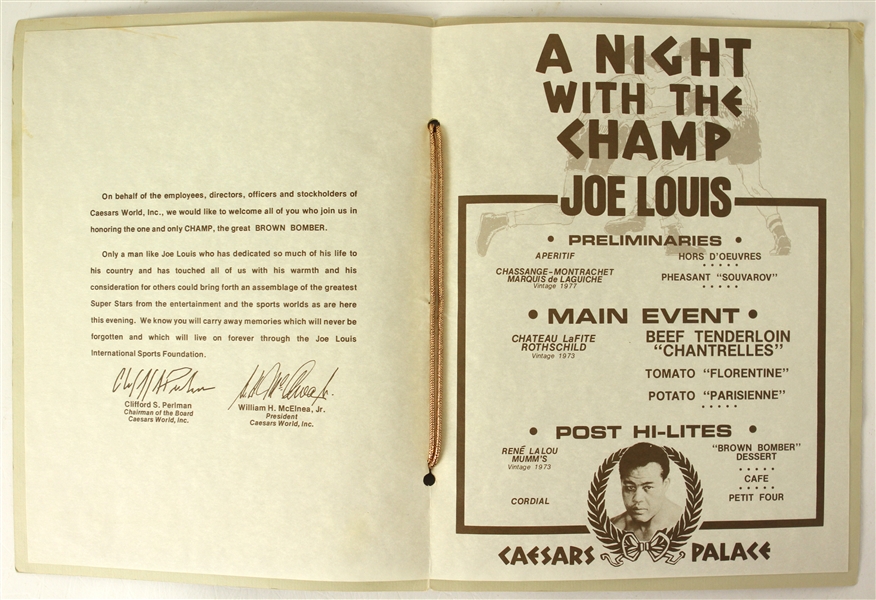 1978 (November 9) Joe Louis World Heavyweight Champion Caesars Palace "A Night With The Champ" Menu