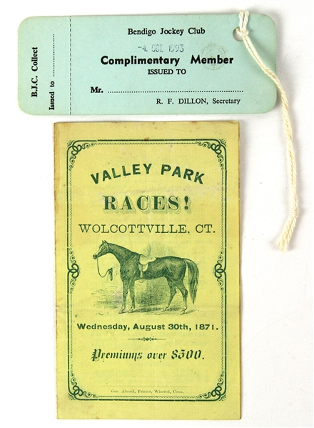 1870s-1990s Horse Racing Memorabilia Collection - Lot of 2 w/ 1871 Racing Form & Bendigo Jockey Club Complimentary Member Tag