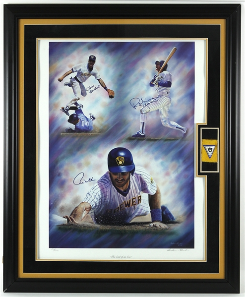 1992 Robin Yount Paul Molitor Jim Gantner Signed 36" x 45" Framed Lithograph w/ Paul Molitor Signed Game Worn Wristband (MEARS LOA/JSA)