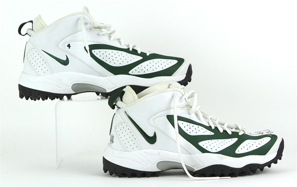 2004 (September 26) Brett Favre Green Bay Packers Signed Game Worn Nike Turf Shoes (MEARS LOA/JSA/Favre Letter) 350th Career TD Pass