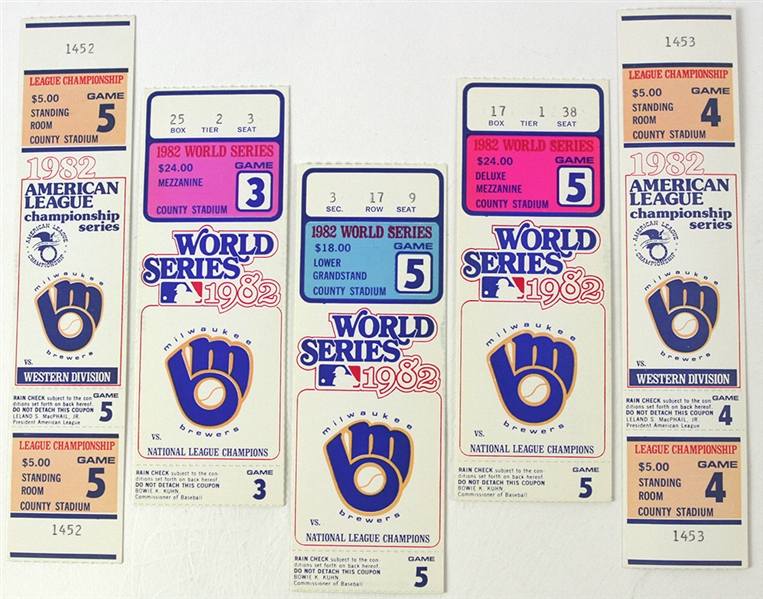 1982 Milwaukee Brewers ALCS & World Series Tickets - Lot of 5