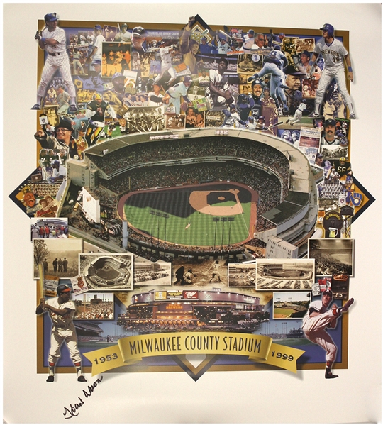 1999 Hank Aaron Milwaukee Braves/Brewers Signed 27" x 29" Milwaukee County Stadium Poster