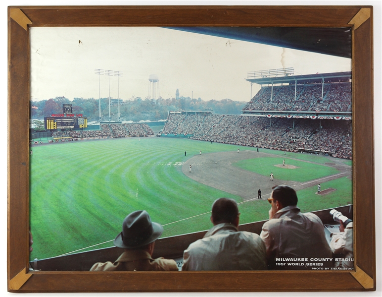 1957 Milwaukee Braves County Stadium World Series 36”x44” Ziekle Studios Oversized Photo with Vintage Oak Frame