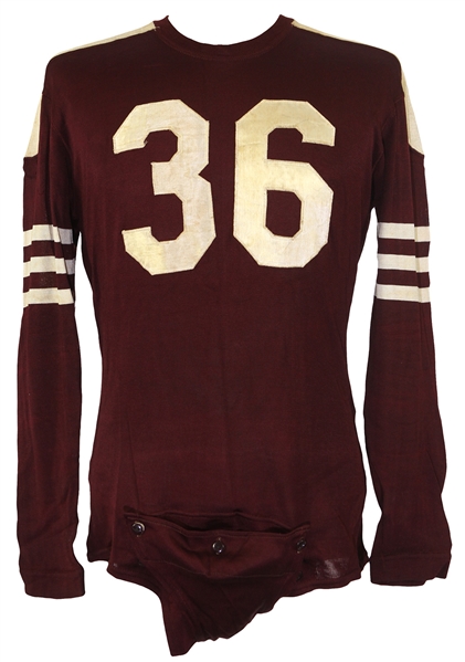 1950-55 Maroon #36 Game Worn Wilson Durene Football Jersey w/ 6 Button Crotch Piece (MEARS LOA)