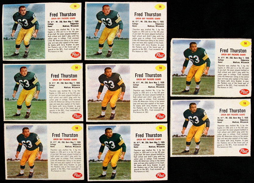 1962 Fuzzy Thurston Green Bay Packers Post Cereal Trading Cards - Lot of 8