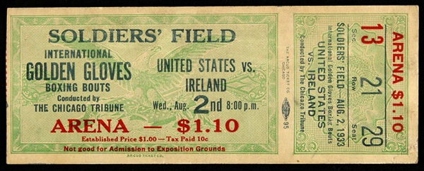 1933 USA vs. Ireland International Golden Gloves Boxing Bouts Soldiers Field Ticket Stub