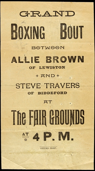 1897-98 Allie Brown Steve Travers 4.5" x 8" Boxing Handbill 