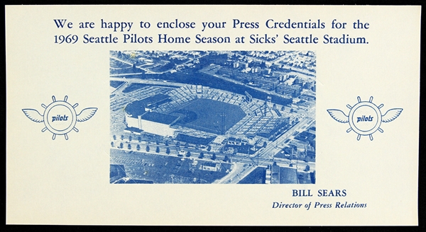 1969 Ultra Rare Seattle Pilots Press Credential Promotional Display Card "Un-circulated, Near Mint"