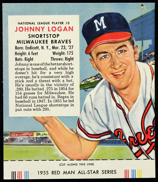 1955 Johnny Logan Milwaukee Braves Red Man All Star Series Trading Card 